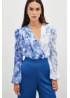 Çiçek Desenli Bodysuit Bluz - İNDİGO