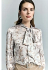 Çiçek Desenli Fularlı Gömlek - Bej