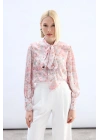 Çiçek Desenli Fularlı Gömlek - Pudra