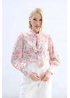 Çiçek Desenli Fularlı Gömlek - Pudra