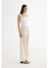 Çizgili Bağcıklı Bol Paça Pantolon Ekru