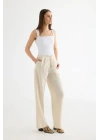 Çizgili Bağcıklı Bol Paça Pantolon Ekru