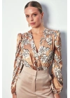 Desenli Bodysuit Bluz - Camel
