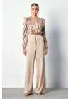 Desenli Bodysuit Bluz - Camel