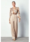 Desenli Bodysuit Bluz - Camel