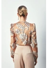 Desenli Bodysuit Bluz - Camel