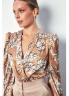 Desenli Bodysuit Bluz - Camel