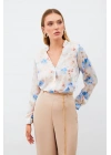 Desenli Kruvaze Bluz - MAVİ