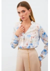 Desenli Kruvaze Bluz - MAVİ