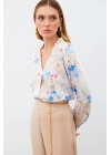 Desenli Kruvaze Bluz - MAVİ