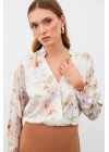 Desenli Kruvaze Bluz - VİZON