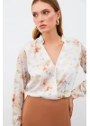 Desenli Kruvaze Bluz - VİZON