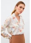 Desenli Kruvaze Bluz - VİZON