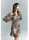 Desenli Mini Elbise - Kahve