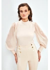 Dik Yaka Şifon Kol Detaylı Bluz - Bej