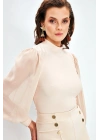 Dik Yaka Şifon Kol Detaylı Bluz - Bej