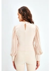 Dik Yaka Şifon Kol Detaylı Bluz - Bej