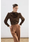 Drape Detaylı Desenli Bluz - Kahve