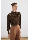Drape Detaylı Desenli Bluz - Kahve