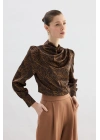 Drape Detaylı Desenli Bluz - Kahve