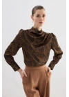 Drape Detaylı Desenli Bluz - Kahve