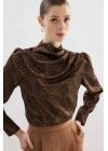 Drape Detaylı Desenli Bluz - Kahve
