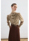 Drape Detaylı Desenli Bluz - Vizon