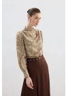 Drape Detaylı Desenli Bluz - Vizon