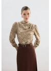 Drape Detaylı Desenli Bluz - Vizon