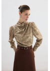 Drape Detaylı Desenli Bluz - Vizon