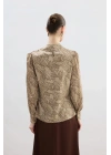 Drape Detaylı Desenli Bluz - Vizon