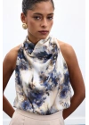 Drapeli Halter Yaka Desenli Bluz - İndigo
