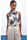 Drapeli Halter Yaka Desenli Bluz - İndigo