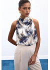 Drapeli Halter Yaka Desenli Bluz - İndigo