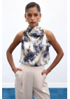 Drapeli Halter Yaka Desenli Bluz - İndigo