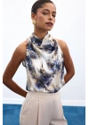 Drapeli Halter Yaka Desenli Bluz - İndigo