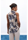 Drapeli Halter Yaka Desenli Bluz - İndigo