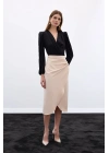 Düğme Detaylı Kalem Etek - Bej