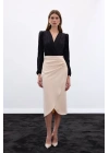 Düğme Detaylı Kalem Etek - Bej