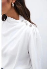 Düğmeleri Taş Detaylı Bluz - Ekru