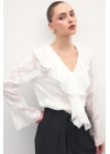 Fırfır Detaylı Nakışlı Gömlek - Ekru