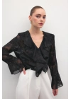 Fırfır Detaylı Nakışlı Gömlek - Siyah