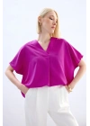 Geniş Kısa Kollu Bluz - Fuşya