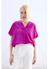 Geniş Kısa Kollu Bluz - Fuşya