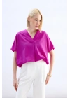 Geniş Kısa Kollu Bluz - Fuşya