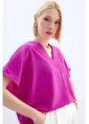 Geniş Kısa Kollu Bluz - Fuşya