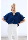 Geniş Kısa Kollu Bluz - İndigo