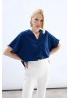 Geniş Kısa Kollu Bluz - İndigo