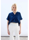 Geniş Kısa Kollu Bluz - İndigo