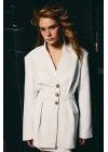 Gold Düğmeli Uzun Ceket - Ekru